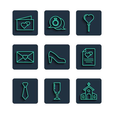 Şampanyalı kravat, kilise balonları, kalp kadın ayakkabı zarfı, sevgililer günü tebrik kartı ve ikonu. Vektör.