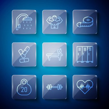 Kettlebell Halter Kalp Atış Ölçüm Bench Barbel Vitamin hapı duş başlığı ve dolap veya soyunma odası ikonu ile. Vektör.