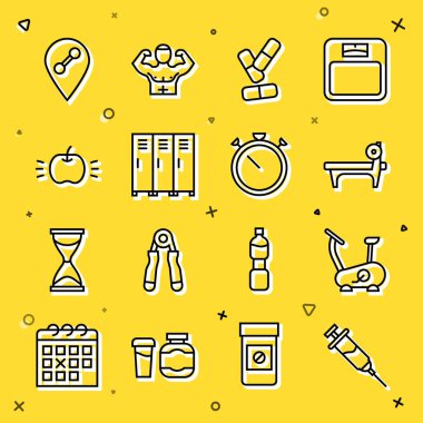 Doping şırıngası vitamin haplı bisiklet Bench 'i ya da Apple lokasyon spor salonu ve Stopwatch ikonu ile değiştirmeyi ayarla. Vektör.