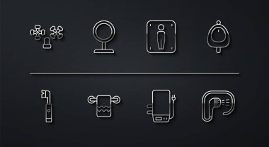Hattı Su Musluğu Elektrikli Diş fırçası Tuvalet Pisuvarı veya Sidikli Kazan Havlusu askı makyajı aynası Duş ve Erkek Tuvaleti ikonu üzerine kurun. Vektör.