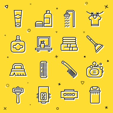 Çöp tenekesi sabun pompası duş lavabosu ayna parfüm tüpü diş macunu ve havlu yığını simgesini ayarla. Vektör.