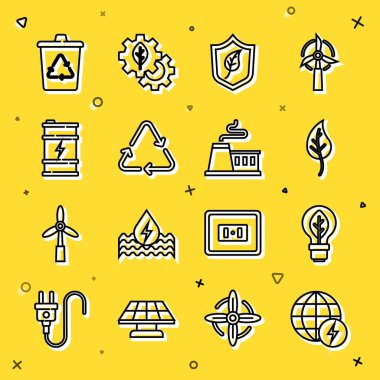 Küresel enerji enerji gezegeni ampulü yaprak yapraklı ya da Kalkan Geri Dönüşüm sembolü biyoyakıt varili geri dönüşümü ve Fabrika ikonu ile bırakın. Vektör.