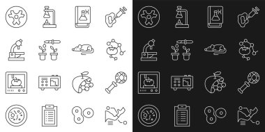 Protez el DNA araştırması ayarla. Genetik olarak değiştirilmiş gıda mühendisliği kitabı Pipette mikroskop Biyolojik Tehlike sembolü ve Deneysel Fare simgesi. Vektör.