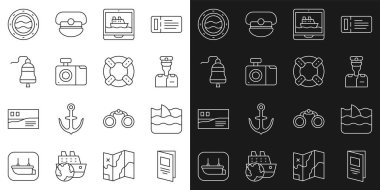 Okyanus dalgasında Brochure Shark yüzgecini ayarla. Cruise Foto kamera kaptanı. Deniz manzaralı gemi çanı penceresi ve Lifebuoy simgesi. Vektör.