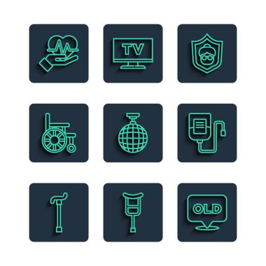 Yürüyen baston değneği ya da koltuk değneği ya da huzurevi Disko topu tekerlekli sandalye kalp atış hızı ve serum torbasının ikonu. Vektör.