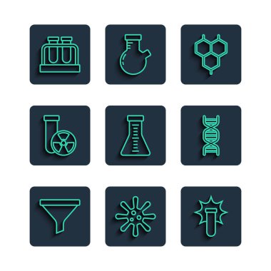 Hat Hunisi veya filtre Bakteri Kimyasal patlama formülü test tüpü ve matara radyasyonu ve DNA sembolü simgesi. Vektör.