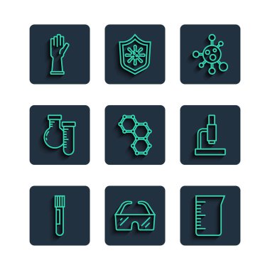 Test tüpü ve matara güvenlik gözlüğü gözlükleri laboratuvar cam örtüsü ya da beher molekülü kimyasal formül plastik eldiven ve mikroskop ikonu hazırlayın. Vektör.