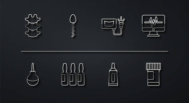 Kardiyogram krem tüpü kremi, tıbbi ampul sperm tüpü, ilaç şişesi, hap ve ultrason ikonu ile insan omurga Ema Monitörü ayarlayın. Vektör.