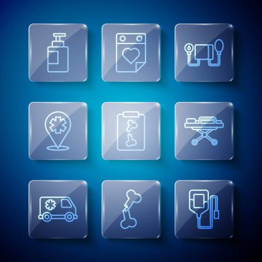 Acil durum arabasını hazırlayın. Kırık kemik torbası. Kan basıncı röntgeni. Haç hastanesi el dezenfektanı şişesi ve sedye ikonu. Vektör.