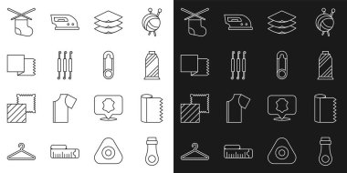 Fermuarlı Tekstil kumaş rulosu dikiş ipliğini makaraya, tekstil örgü kancasına, örgü iğnelerine ve emniyet iğnesi simgesine yerleştir. Vektör.