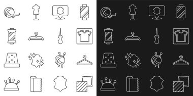 Tekstil kumaş rulo elbise askısı dikiş ipliğini iplik yumağı ve Awl alet ikonuna yerleştir. Vektör.