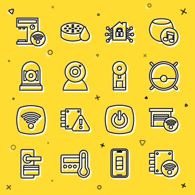 Dijital kapı kilidini ayarlayın Akıllı Garaj Robotu elektrikli süpürge ev kamerası alarm zilli kahve makinesi ve ikon çalıyor. Vektör.