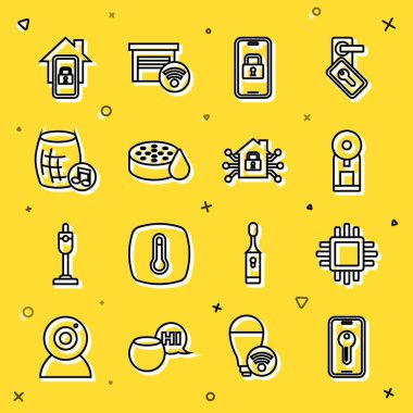 Akıllı anahtar işlemcisini CPU kahve makinesi ile ayarla. Dijital kapı kilidi Su sensörü ses asistanı Mobil akıllı ev ve simge. Vektör.