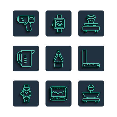 Satır Bilek Saat Ölçekleme enstrümanı Ölçekleme Pusula Çekme kabı Dijital termometre ve Köşe Cetvel simgesini ayarla. Vektör.