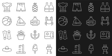 Izgara ızgara ızgara seyahat kartpostalı Crab Pineapple Yacht yelkenli plaj topu vücut geliştirici kası ve yazılı otel ikonu ile işaret panosu ayarlayın. Vektör.