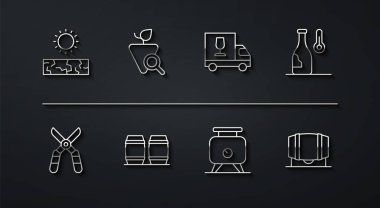 Şarap üzümleri, üzüm bağları, üzüm bağları ve kamyon ikonu için kurutulmuş bahçe makası şarap sıcaklığı fermantasyonu ayarlayın. Vektör.