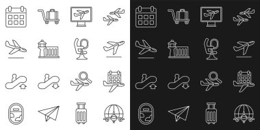 Uçuş uçağı takvimi ve uçak kalkış kontrol kulesi inişi ve uçak koltuğu ikonu olan Globe hattını ayarlayın. Vektör.