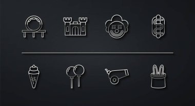 Roller Coaster Dondurması 'nı Waffle Cone Hotdog Sandviç Top Balonları' nda kurdeleli Şato Sihirbazı tavşan kulaklı ve palyaço kafası ikonlu olarak ayarla. Vektör.