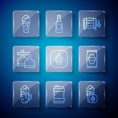 Bir bardak bira, metal fıçı, tahta fıçı Hop bira demleme ve ikon. Vektör.