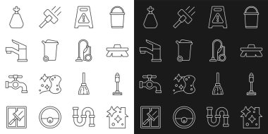 Ev temizlik hizmetini, ıslak zemin temizleme fırçası çöp tenekesi poşeti ve ikon için ayarla. Vektör.