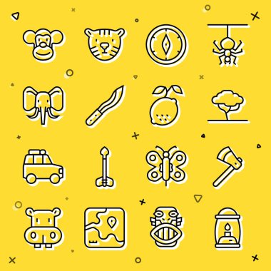 Kamp feneri, tahta balta, pusula, fil ve limon ikonu. Vektör.