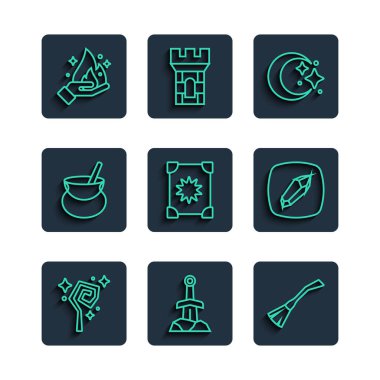 Sihirli Kılıç 'ı Taş Cadıların Ay süpürgesine yerleştir ve başrollerde Antik Sihirli Kitap Kazanı El ateş ve ikon tutuyor. Vektör.