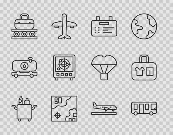 Set Line Trolley Für Lebensmittel Flughafen Bus Bord Weltreisekarte Förderband — Stockvektor