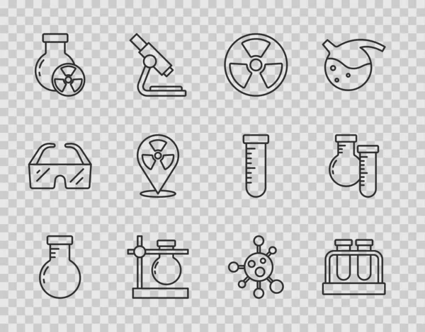 Establecer Línea Tubo Ensayo Matraz Radioactivo Soporte Radiación Lugar Molécula — Vector de stock