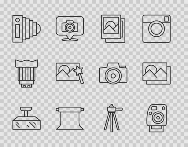 セットラインソフトボックスライト写真カメラフレーム三脚とアイコンに触れる空の写真スタジオ ベクトル — ストックベクタ