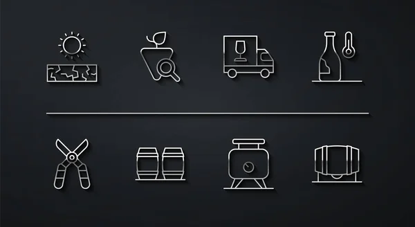 Set Line Sequía Tijeras Jardineras Temperatura Del Vino Fermentación Uvas — Vector de stock