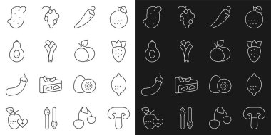 Mantar limonlu çilekli acı biberli Leek Avokado Patates ve Mango meyve ikonu. Vektör.