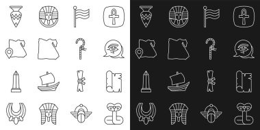 Mısır Bayrağı 'nın Yılan Papirüs Parşömeni Gözü Mısır Haritası vazosu ve Hırsız ikonu. Vektör.