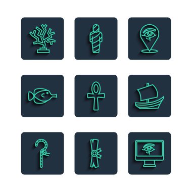 Crook Papyrus parşömeni Horus 'un Gözü' nü çapraz ankh kelebek balığı mercan ve Mısır gemi simgesine ayarla. Vektör.