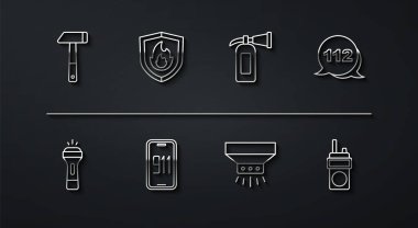 El feneri acil durum hattını hazırlayın yangın söndürme sistemini arayın mobil acil durum acil durum koruma kalkanı telsizi ve yangın söndürme ikonu. Vektör.