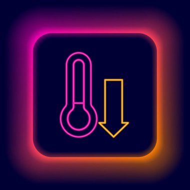 Parlayan neon hattı Meteoroloji termometresi siyah arkaplanda izole edilmiş ikonu ölçüyor. Termometre termometresi sıcak ya da soğuk hava gösteriyor. Renkli taslak konsepti. Vektör.