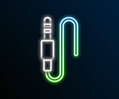 Parlayan neon hattı ses kriko simgesi siyah arkaplanda izole edildi. Bağlantı ses ekipmanları için ses kablosu. Fiş kablosu. Müzik aleti. Renkli taslak konsepti. Vektör.