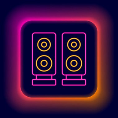 Parlayan neon hattı Stereo hoparlör simgesi siyah arkaplanda izole edildi. Ses sistemi hoparlörleri. Müzik ikonu. Müzikal sütun hoparlörü. Renkli taslak konsepti. Vektör.