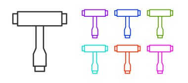 Siyah çizgi Çok Fonksiyonlu Taşınabilir Kaykay, uzun tahta, elektrikli kaykay aracı beyaz arka planda izole edildi. Simgeleri renklendirin. Vektör.
