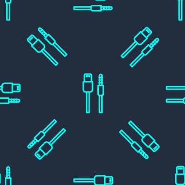 Yeşil çizgi USB kablo ikonu mavi arkaplanda izole edilmiş pürüzsüz desen. PC ve mobil cihazlar için bağlantı ve soketler. Vektör.