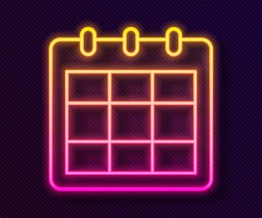 Parlayan neon çizgisi takvim simgesi siyah arkaplanda izole edildi. Olay hatırlatma sembolü. Vektör.