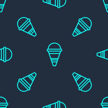 Yeşil çizgi ateş konisi kova ikonu mavi arka planda izole edilmiş pürüzsüz desen. Metal koni kovası boş ya da yangın söndürme suyu var. Vektör.