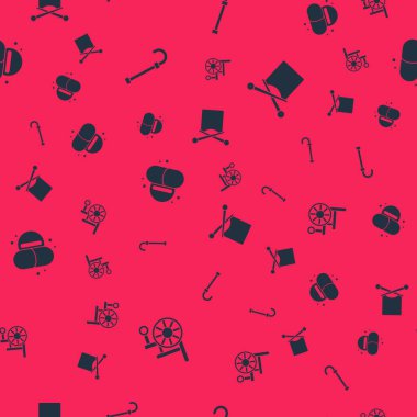 Tekerlekli sandalye, baston, ilaç hapı ya da tablet ve dikiş desenli örgü. Vektör.