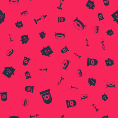 Alarm zilini, elektrik süpürgesini, kablosuz internetli akıllı evi ve robot süpürgesini ayarlayın. Vektör.