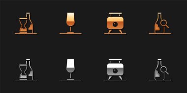 Bir şişe şarap, şarap kadehi, fermantasyon üzümleri ve ikon. Vektör.