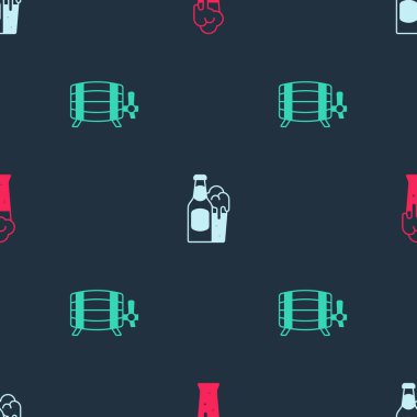 Bir bardak bira, bira şişesi, cam ve tahta fıçıyı kusursuz bir kalıba sokun. Vektör.