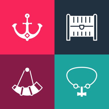 Popüler sanat gerdanlığını değerli boynuz antika hazine sandığı ve Anchor ikonu ile ayarla. Vektör.