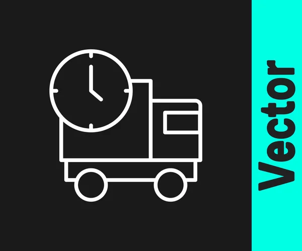 Weiße Linie Logistik Lieferwagen Und Zeitsymbol Isoliert Auf Schwarzem Hintergrund — Stockvektor