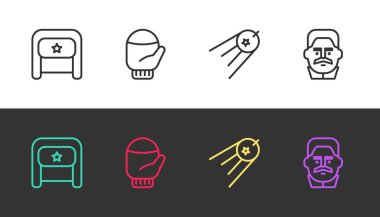 Çizgi Ushanka, Noel eldiveni, Uydu ve Joseph Stalin siyah beyaz. Vektör.