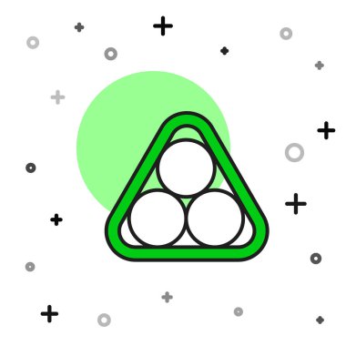 Beyaz arkaplanda izole edilmiş bir raf üçgeni simgesinde ana hatlarıyla doldurulmuş bilardo topları. Vektör.