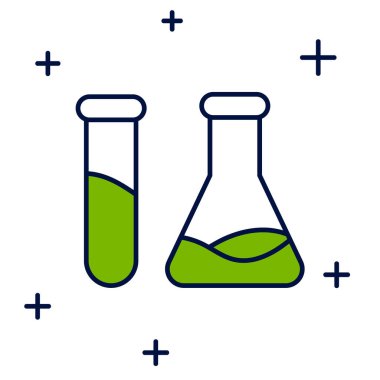 Ana hatları doldurulmuş test tüpü ve matara - beyaz arkaplanda izole edilmiş kimyasal laboratuvar ikonu. Laboratuvar cam levhası. Vektör.
